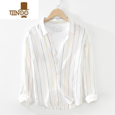 YANXU2022秋季条纹衬衫男长袖青年薄款韩版日系休闲潮流帅气宽松外套男