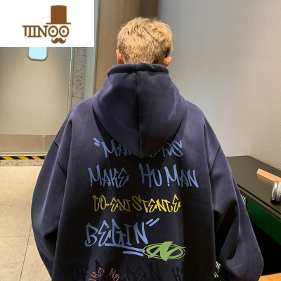 YANXU美式复古卫衣男2023秋季新款潮牌字母印花外套港风宽松情侣款上衣