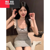YIBUSHENG温柔系波点包臀背心裙女2024新款收腰显瘦蕾丝拼接绝美连衣裙子