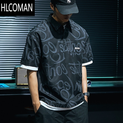 HLCOMAN美式短袖polo衫衬衫男夏季工装潮牌宽松大码半袖薄款印花t恤衬衣