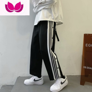 七斓2023夏薄款韩版潮流条纹直筒侧排扣裤宽松休闲阔腿篮球运动裤子男