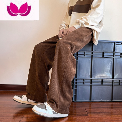 七斓日系复古灯芯绒裤子男春季潮牌宽松直筒休闲裤潮流垂感阔腿黑色裤