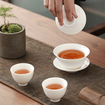 苏氏陶瓷(SUSHI CERAMICS)三才盖碗德化白瓷功夫茶具泡茶碗羊脂玉薄胎送两功夫茶杯礼盒装