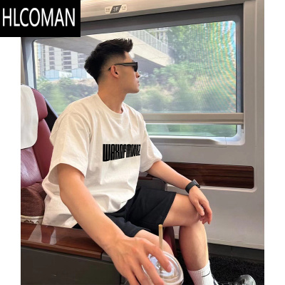 HLCOMANins潮牌小众字母短袖T恤男夏季白色慵懒风宽松小领口上衣