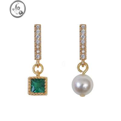 JiMiMEANing手作 不对称珍珠祖母绿ab款耳环女气质微镶简约耳饰新款