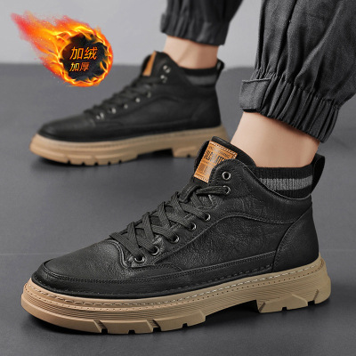 秋冬季加绒马丁靴时尚新款英伦风皮面加绒保暖短靴运动工装潮男靴