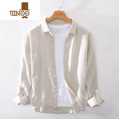 YANXU极麻日系薄款百搭休闲长袖亚麻衬衫男士夏季复古大码宽松棉麻衬衣