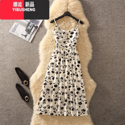 YIBUSHENG2024新款吊带连衣裙季女高级感小个子法式春秋显瘦复古碎花裙