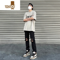 YANXU破洞牛仔裤男款夏季美式高街vibe潮牌感直筒修身微喇休闲裤子