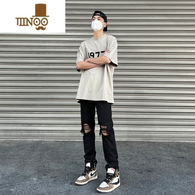 YANXU破洞牛仔裤男款夏季美式高街vibe潮牌感直筒修身微喇休闲裤子