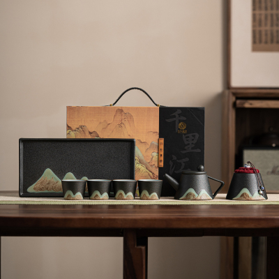 苏氏陶瓷 SUSHI CERAMICS 手绘彩画整套茶具山形画茶壶茶杯子配干泡茶盘小茶叶罐7件功夫茶具套装礼盒装