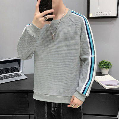 秋冬季卫衣男新款潮牌华夫格长袖打底衫学生圆领纯色男士外套