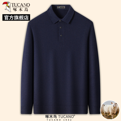 啄木鸟春季男士针织衫Polo长袖新款翻领t恤中年爸爸装纯色上衣C