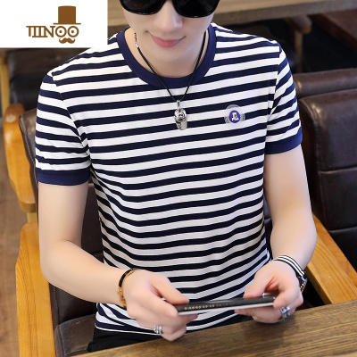 夏季男士短袖T恤韩版圆领海魂衫潮流条纹半袖体恤男装上衣服