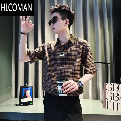HLCOMAN千鸟格短袖衫男潮牌T恤2025新款男装上衣痞帅夏装衣服半袖帅t