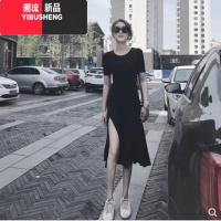 YIBUSHENG性感裙子小黑裙女季2024年新款开叉莫代尔长袖小心机连衣裙长裙