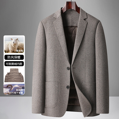 脱卸鹅绒内胆双面呢羊毛西服男秋冬商务休闲保暖西装修身羽绒西服