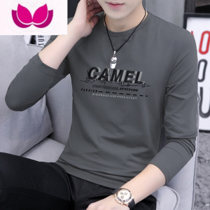 七斓春季长袖T恤男2023新款圆领印花体恤修身男士内搭打底衫