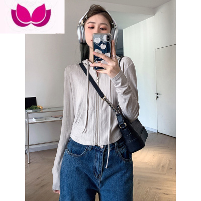 七斓2023年新款纯色连帽长袖上衣韩版修身显瘦薄款外套女T恤