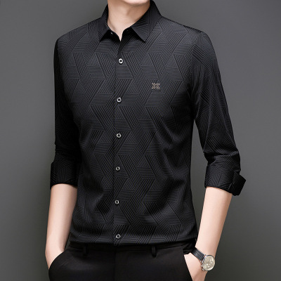 衬衫男长袖春秋季新款秋装上衣爸爸装衬衣潮流百搭印花长袖