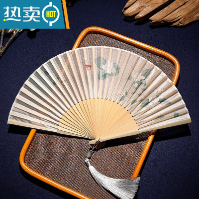 XIANCAI夏季古风夏天汉服旗袍中国风折扇中式扇子儿童折叠舞蹈扇竹扇 沁人肺腑+银色流苏