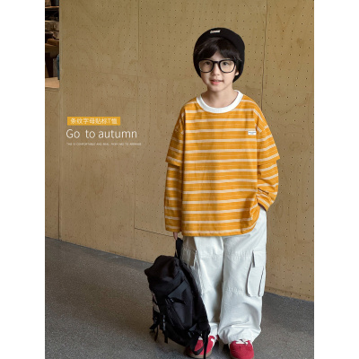 童酷男童秋款韩版假两件宝宝上衣时尚拼色圆领贴标儿童T恤潮