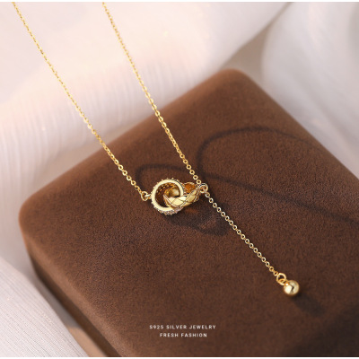 S925纯银流苏双环圆珠吊坠项链女轻奢轻奢感小众冷淡风锁骨链代发送女朋友老婆情人节七夕生日礼物
