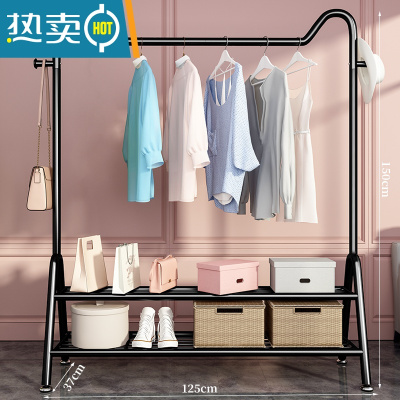 敬平晾衣架落地卧室挂衣架简易衣帽架室内晒衣架阳台凉衣服收纳衣服架 萌猫❤加长加大双层-哑光黑-125⭐