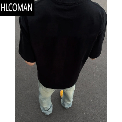 HLCOMANDM花卉刺绣t恤男款夏季美式高街潮牌短袖青少年痞帅5分半袖