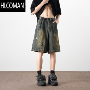 HLCOMAN美式解构牛仔短裤男夏季潮牌宽松拼接设计直筒裤水洗中裤