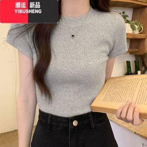 YIBUSHENG酒红色洋气复古正肩短袖t恤女季紧身显瘦针织半袖修身短款上衣