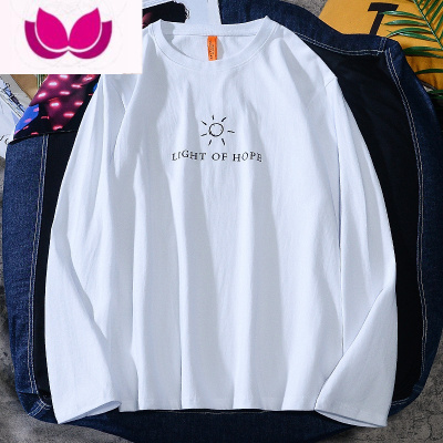 七斓男士长袖t恤春季打底衫宽松港风大码白色体恤潮流百搭上衣服