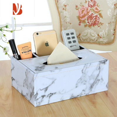 三维工匠纸巾盒客厅摆件轻奢创意遥控器收纳多办公室茶几抽纸盒子 皮革大理石纹车线后三格