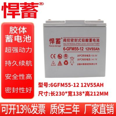 12V55AH太阳能专用蓄电池风能路灯光伏通信EPS应急UPS基站6GFM55-12