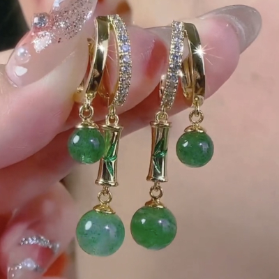 新中式竹节耳环女轻奢高级感气质小众设计复古绿色猫眼石国风耳饰送女朋友老婆情人节七夕生日礼物