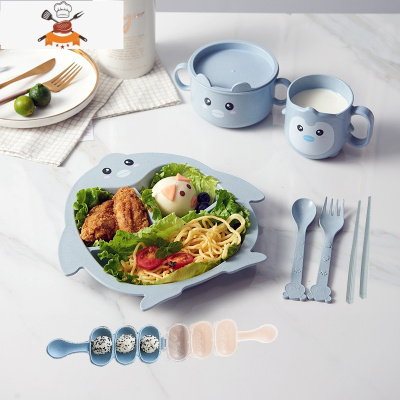 卡通儿童餐具套装分隔餐盘家用早餐盘子宝宝幼稚园分格盘饭团模具 企鹅款3格8件套 北欧蓝 敬平