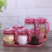 六件套玻璃调料盒厨房调味瓶罐调料罐油瓶家用盐罐装作料盒子套装 敬平 2油壶+4调味+2底座(玫红)调味罐