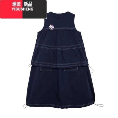 YIBUSHENG学院风复古娃娃领短袖t恤女2024新款小个子中长款无袖连衣裙女