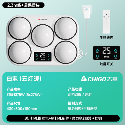 志高CHIGO壁挂式灯暖浴霸灯泡取暖器挂壁墙式卫生间浴室风暖免打孔防水_WD-09五灯壁挂双控丨触控+遥控丨白泡丨漏保