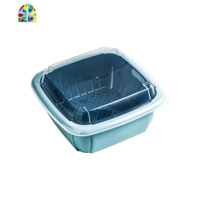 双层洗菜沥水篮带盖客厅果盆便携上班茶几冰箱果篮厨房蔬菜保鲜盒 FENGHOU 浅蓝色洗菜篮洗菜篮