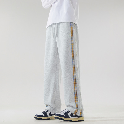 复古侧边格子拼接休闲裤男女春秋季潮牌宽松长裤直筒裤子运动卫裤
