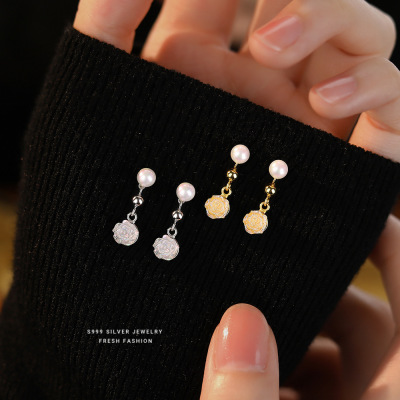 s999足银法式玫瑰仿珠耳钉复古小众高级感精致小巧白色古风耳环送女朋友老婆情人节七夕生日礼物