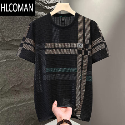 HLCOMAN男士夏季冰丝短袖t恤时尚潮流欧货半袖体恤成熟男人条纹上衣