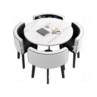 臻远 ZY4100938 简约接待桌椅洽谈桌椅 一桌四椅 白石根圆黑白皮椅