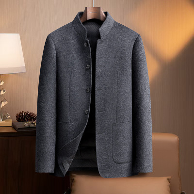 含桑蚕丝羊毛脱卸鹅绒内胆双面呢立领短大衣中年男士秋冬羊毛大衣