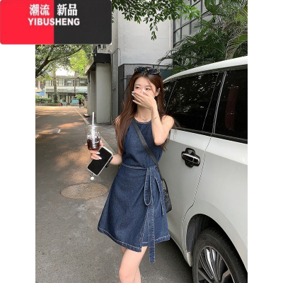 YIBUSHENG港味复古圆领无袖牛仔背心连衣裙女季小众设计系带收腰A字短裙