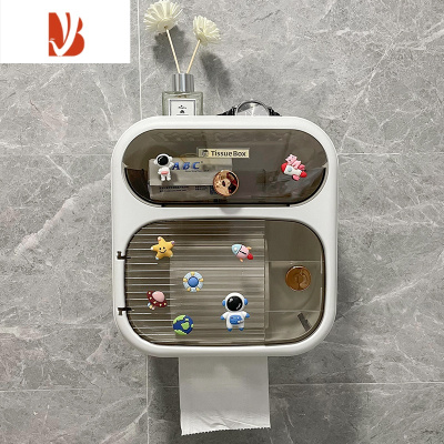 三维工匠卫生间免打孔纸巾盒置物架卡通厕所防水壁挂式浴室卷纸抽纸厕纸盒 双层-雅白-宇航员