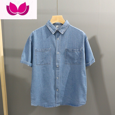 七斓男士复古做旧双口袋工装短袖牛仔衬衫男潮牌宽松潮流薄款免烫衬衣