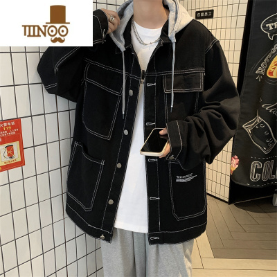 YANXU假连帽牛仔夹克男士工装外套美式潮牌痞帅宽松休闲衣服
