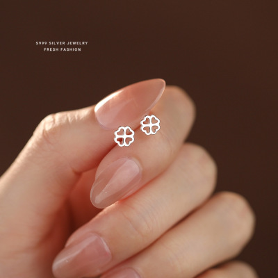 日韩森系镂空四叶草耳钉女s999纯银简约百搭小清新足银耳饰养耳洞送女朋友老婆情人节七夕生日礼物